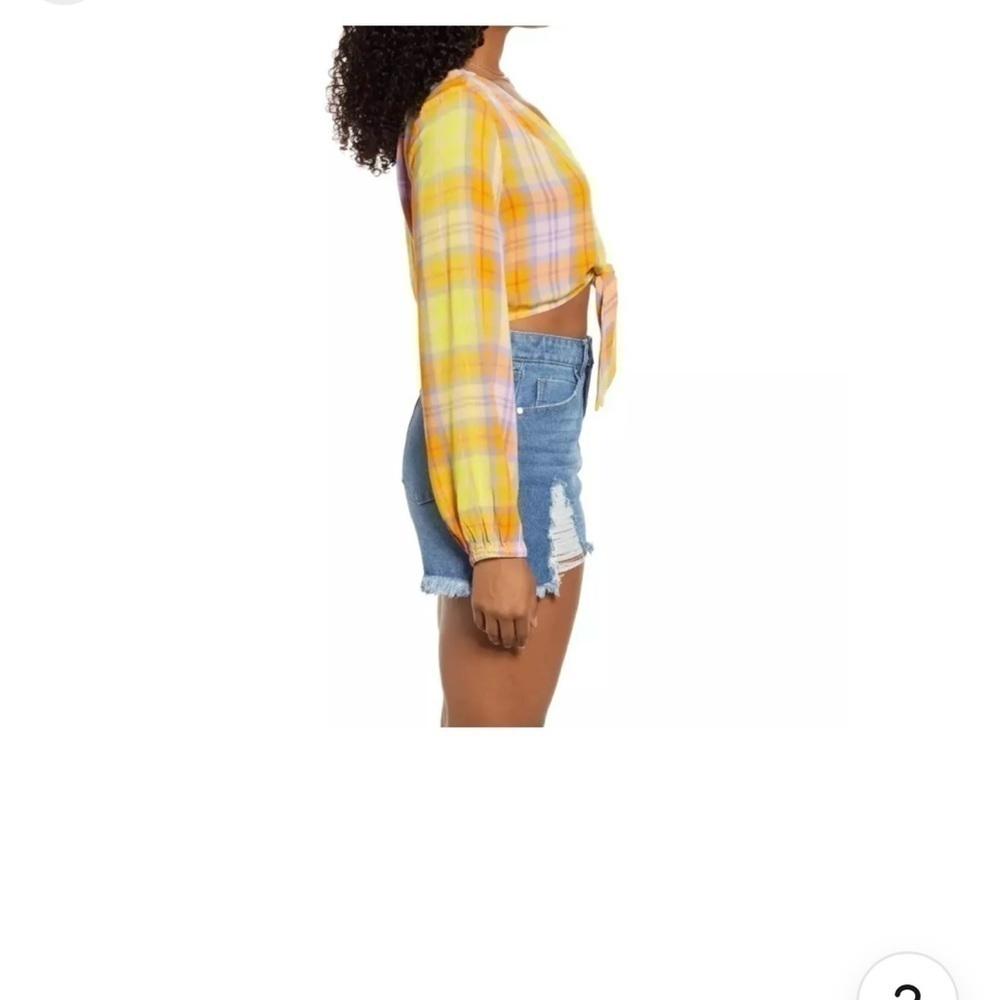 BP Yellow Orange Purple Tartan Plaid Front Tie Crop Top Medium - Picture 2 of 13